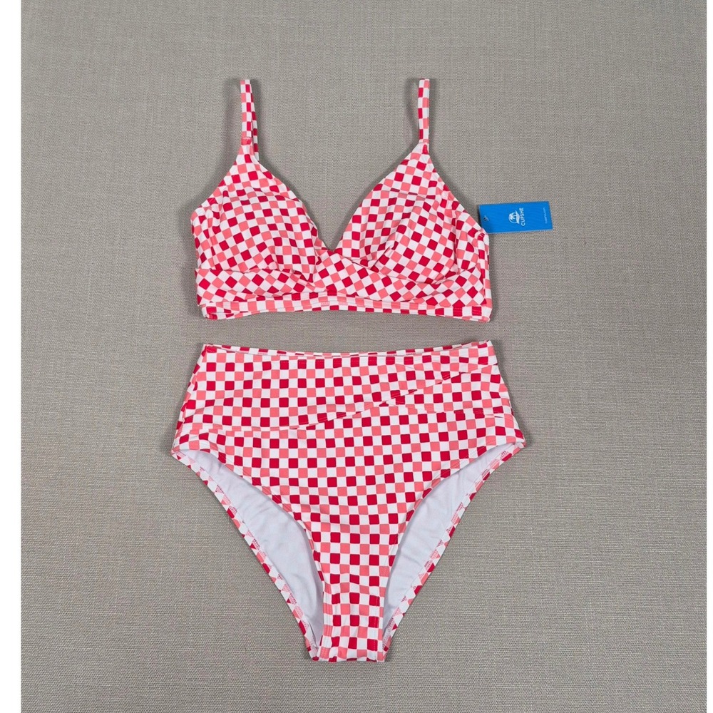 Cupshe Womens Red Pink Checkered High Waisted Bikini Set‎ Size M NWT